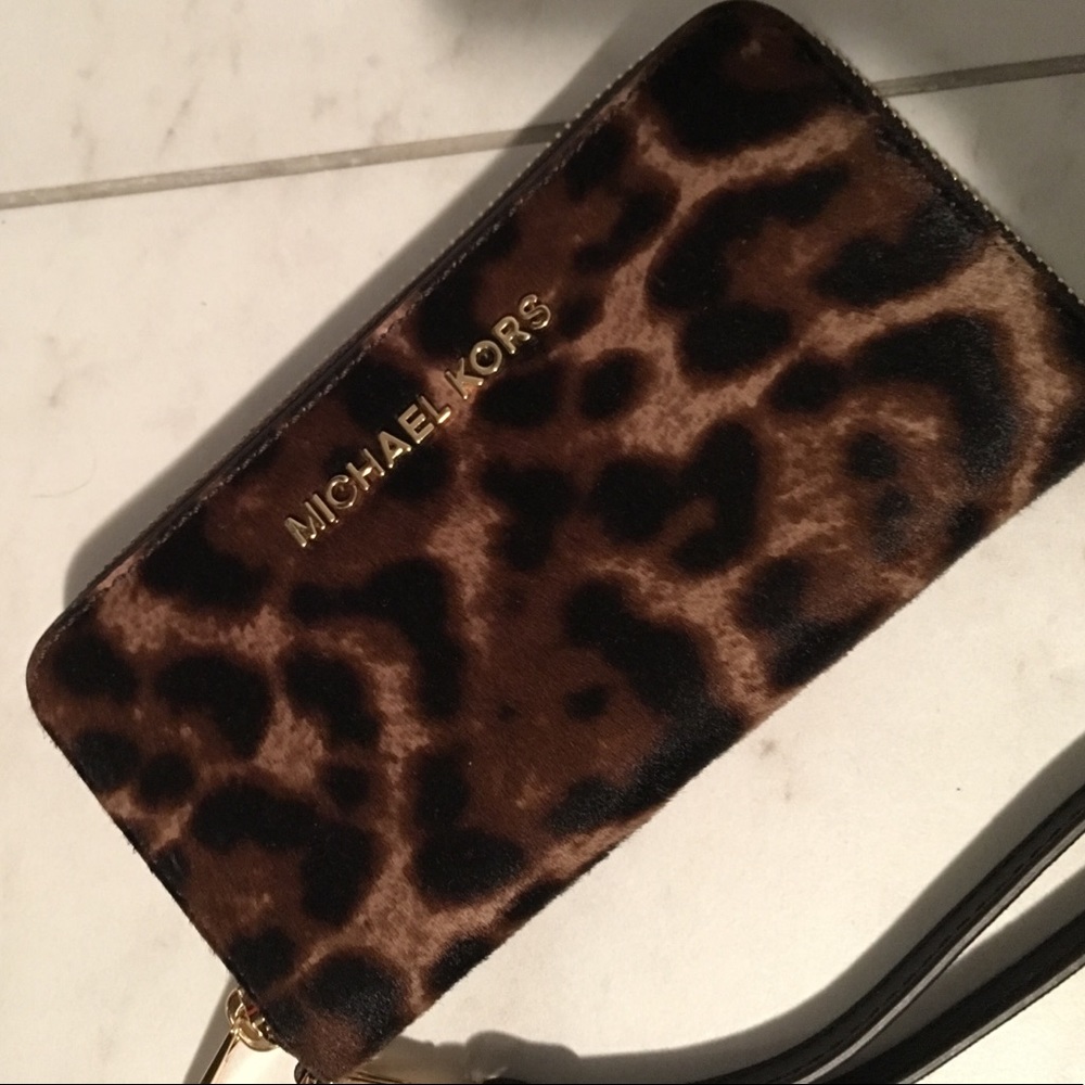 Michael Kors leopard wristlet wallet calf hair